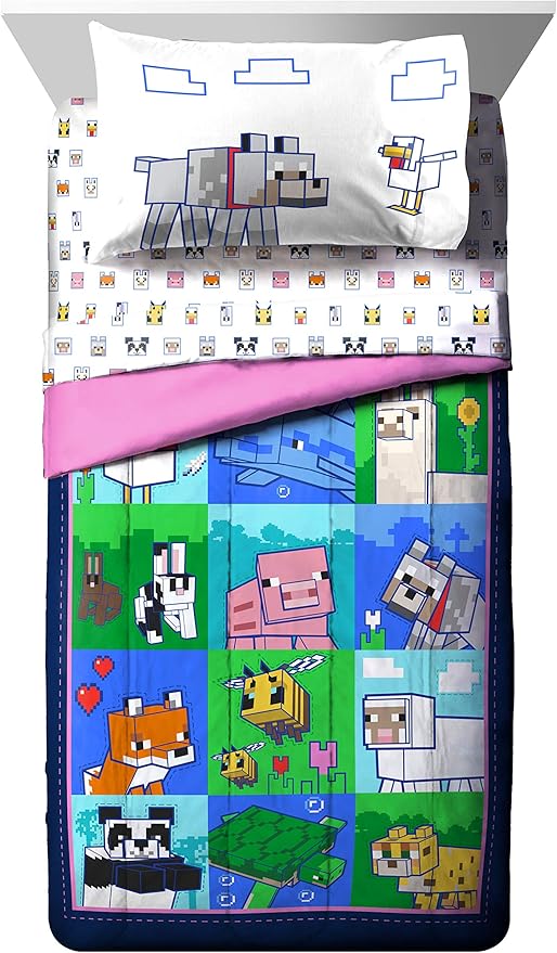 Jay Franco Minecraft Animal Patch 7 Piece Full Bed Set - Includes Comforter & Sheet Set Bedding - Super Soft Fade Resistant Microfiber (Official Minecraft Product)