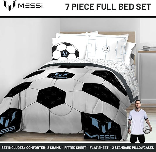 Jay Franco Kids Comforter Set Includes Sheets and Pillow Cover - Soft and Cozy Bed Set for Stylish Room Dรฉcor, White - Messi, 7 Piece Full