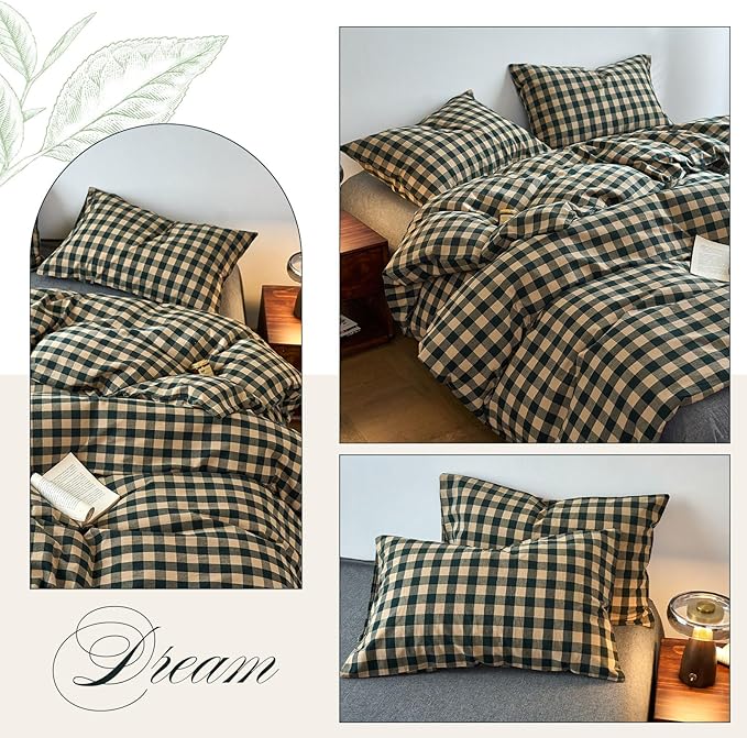 EAVD Vintage Style Beige&Green Plaid Duvet Cover Set King 100% Washed Cotton Like Linen Feel Soft Grid Checkered Bedding Set with 2 Pillowcases Farmhouse Geometric Pattern Duvet Cover with Zipper