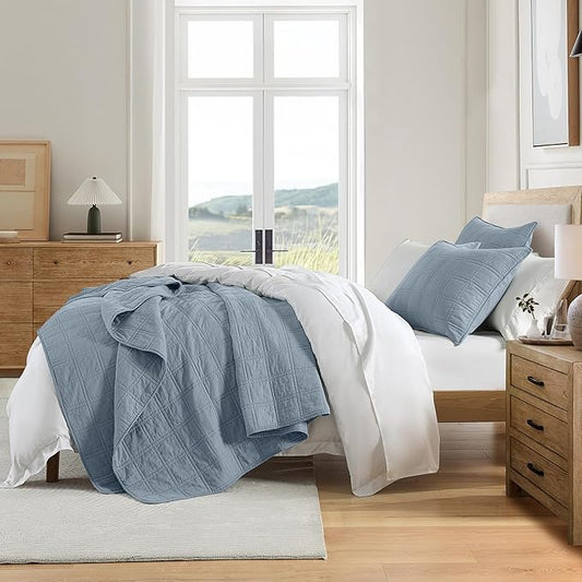 HORIMOTE HOME 100% Cotton Quilt Set Twin Size, Adriatic Blue Pre-Washed Bedspreads Coverlet Set in Geometric Pattern, Cozy Lightweight Stitching Decorative Bedding Cover with 1 Sham for All Season