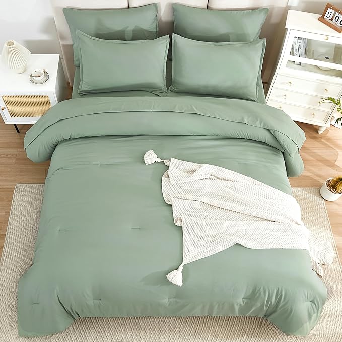 Litanika Comforter King Size Set Sage Green - 7 Pieces Bed in a Bag King Bedding Comforter Sets, Plain Lightweight Bed Set with Comforter, Sheets, Pillowcases & Shams