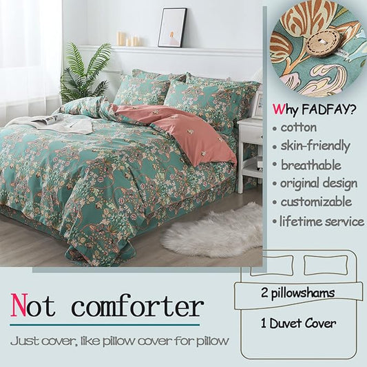 FADFAY Duvet Cover Set Floral Bedding Button Closure Twin 100% Cotton 600 TC Shabby Vintage Reversible Blue Orange Comforter Cover Ultra Soft Breathable Luxury Boho Bedding Set 3Pcs