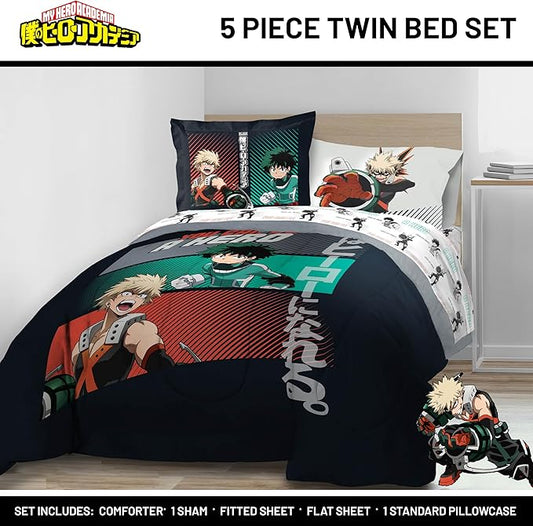 Jay Franco Kids Comforter Set Includes Sheets and Pillow Covers - Soft and Cozy Bed Set for Stylish Room Decor, Black - My Hero Academia, 5 Piece Twin Size Bedding