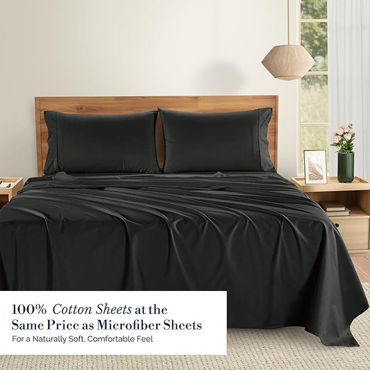 Casa Platino Sheets Twin XL – 4 Piece Crisp Percale Twin XL Cooling Sheets with 15" Deep Pockets, Lightweight & Cool Feel for All Sleepers, Ultra Soft & Breathable for a Great Nights Sleep – Black