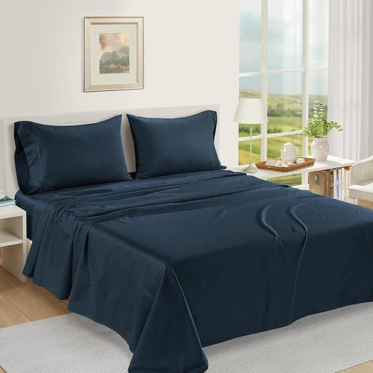 100% Egyptian Cotton Sheets Queen Size - Naturally Cooling & Breathable 4 Piece Silky Sateen Weave Queen Sheet Set, Ultra-Soft & Durable Hotel Luxury Sheets with 15" Snug Fit Deep Pockets - Dark Denim