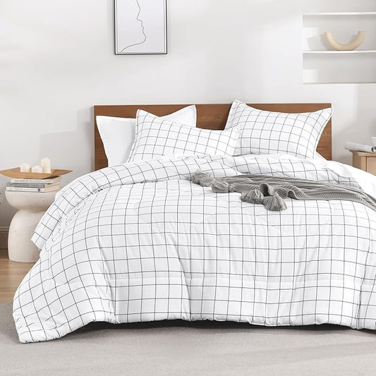 Andency Twin XL Comforter Set(68x92Inch), White Gingham Plaid Grid Checkered Bed Comforter Set for Dorm Boys Girls Kids Teens, 2 Pieces Lightweight Polyester Geometric Bedding Set