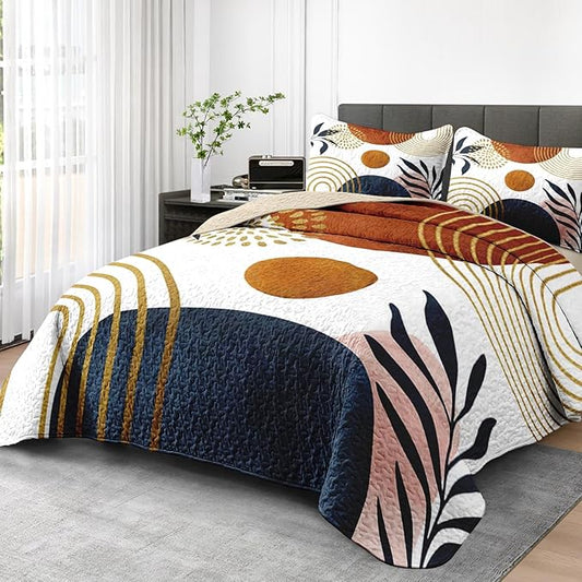 Quilt Set Full/Queen Size, Gold Yellow Mid Century 3 Pcs Soft Bed Cover Bedding Set for Kids and Adults, Sun Boho Geometric Leaf Lightweight Bedspread Coverlet with Pillow Sham for All Season
