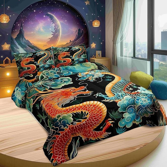 Chinese Loong Comforter Set,Propitious Cloud Bedding Set for Kids Teens,Wild Animals Dragon Quilt Set,Duvet Insert 2 Pcs with 1 Pillowcase,Toddler
