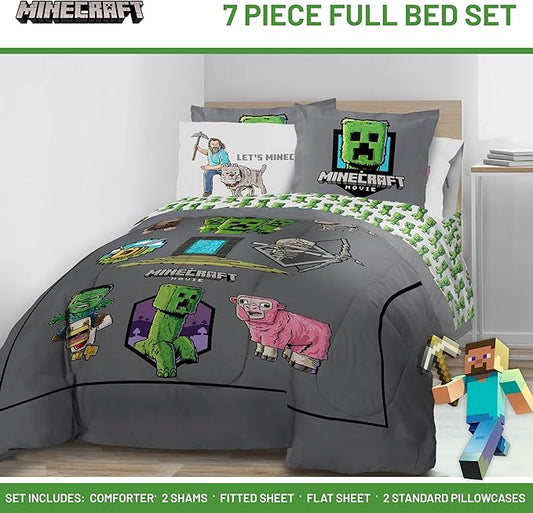 Jay Franco Kids Comforter Set Includes Sheets and Pillow Covers - Soft and Cozy Bed Set for Stylish Room Decor, Grey - Minecraft Movie, 7 Piece Full Size Bedding