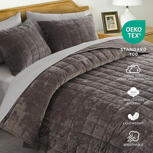 KASENTEX Greek Velvet King Quilt Set, Ultra-Soft Luxe Sheen, 100% Cotton Backing, 150GSM Down-Alternative Fill, Expanded 108×98" Coverage for Fuller Side Drape (1 Quilt + 2 Pillow Shams), Fossil