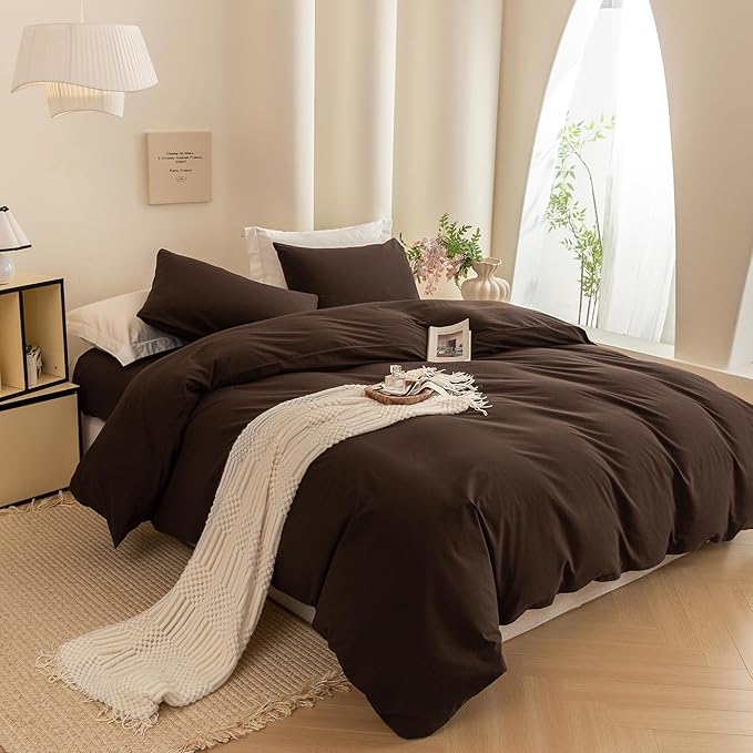 ECOCOTT Duvet Cover King Size -100% Washed Cotton Linen Like Textured Breathable Durable Soft Comfy Bedding Set with Zipper Closure & Corner Ties (Cocoa Brown, 104"x90")