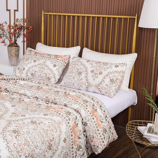 CLOTHKNOW Light Brown Floral Queen Comforter Set Botanical Bedding Comforter Sets Boho Comforter Pumpkin Comforter Queen with 2 x Pillow Cases