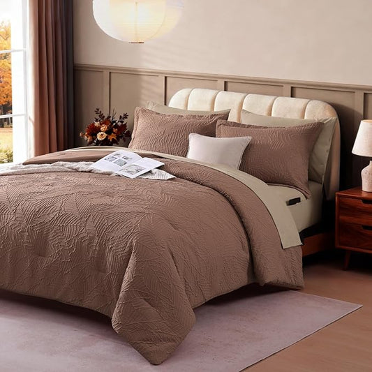 Geniospin Twin Comforter Set - 5 Pieces Brown Textured Bed in Bag, Twin Bedding Sets with Comforter, Sheets, Pillowcases & Shams, All Season Brown Bedding