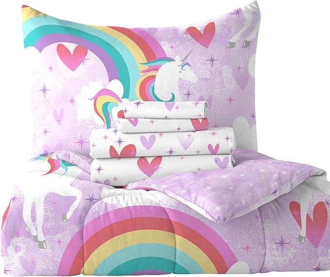 dream FACTORY Kids 5-Piece Complete Set Easy-Wash Super Soft Microfiber Comforter Bedding, Twin, Purple Unicorn Rainbow