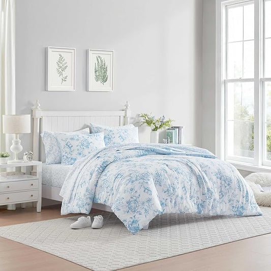 Laura Ashley - King Comforter Set, Soft & Reversible Floral Bedding with Bonus Bed Sheets & Pillowcases, 7 Piece Bed Set for Year Round Comfort (Delphine Saras/Sprig Blue)