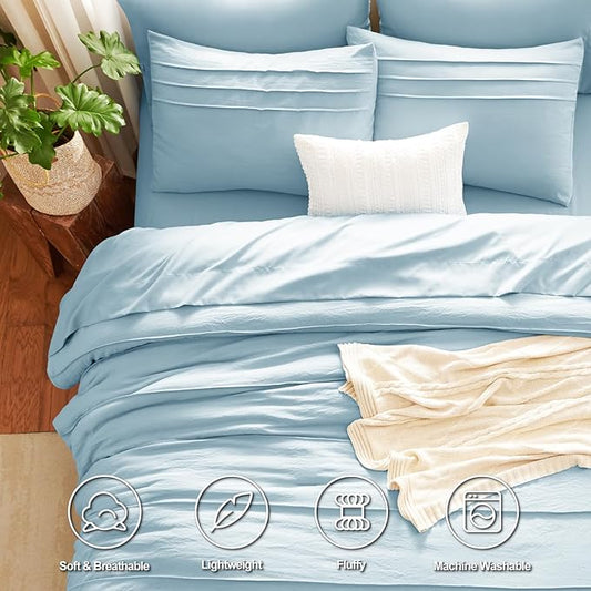 CozyLux Queen Comforter Set Light Blue, 7 Pieces Soft Pinch Pleat Bed in a Bag Queen Comforter Set with Sheets, Boho Bed Set with Down Alternative Comforter, Sheets, Pillowcases & Shams