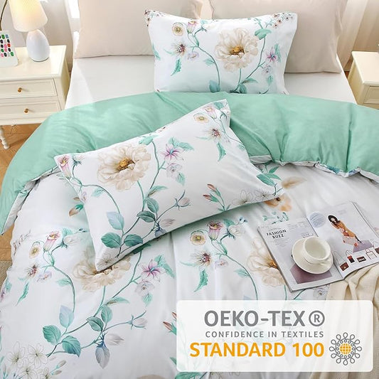 MUXHOMO Duvet Cover Queen Size, Reversible Floral Vintage Duvet Cover Set with Zipper Closure, 3 Pieces Botanical Patterns Soft Microfiber Bedding Set (90"x90", 2 Pillow Cases, Colorful Green Branch)