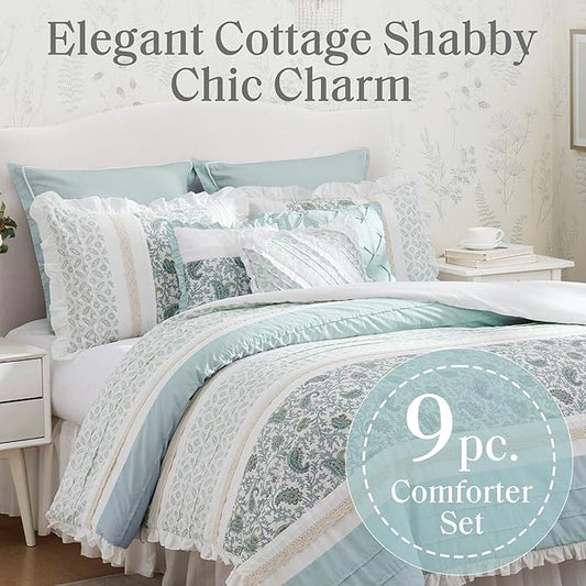 Madison Park Dawn 100% Cotton Shabby Chic Comforter Set-Modern Cottage Design All Season Down Alternative Bedding, Matching Shams, Bedskirt, Decorative Pillows, Cal King(104"x92"), Aqua 9 Piece
