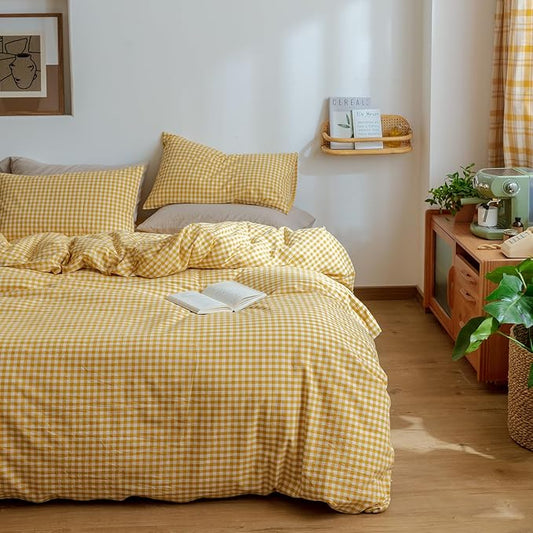 mixinni Yellow Gingham Comforter Set King, Plaid Comforter Set 3 Pieces 1 Yellow Grid Comfoter with 2 Pillow Cases for All Seasons, Soft Fluffy Modern Grid Pattern Printed Bedding-King Size