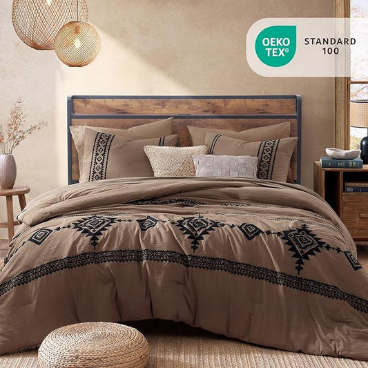 MaiRêve Oversized Queen Comforter Set Brown, Embroidery Western Bedding Set Boho 7 Pieces, Farmhouse All-Season Bed in A Bag with Sheets, Pillowcases & Shams