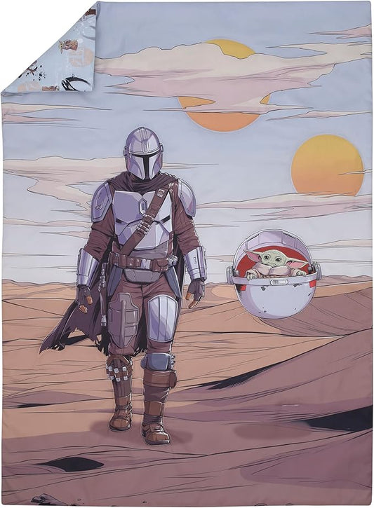 Disney Star Wars The Mandalorian Grey, Tan and Blue 4 Piece Toddler Bed Set - Comforter, Fitted Bottom Sheet, Flat Top Sheet, and Reversible Pillowcase