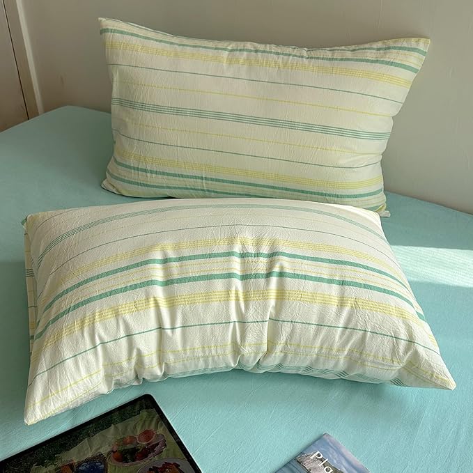 EAVD Vintage Striped Comforter Set Twin XL Soft Cotton 3-Piece Boho Bedding Set with 2 Pillowcases Retro Yellow-Green Vertical Stripes Geometric Comforter Set for All-Season