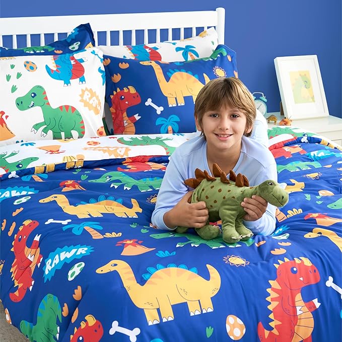 Joiedomi Kid Full Comforter Set 7 Piece Cute Dinosaur Bedding Set for Boys Girls Super Soft Microfiber Bed in a Bag with Comforter Sheets Pillowcase Sham