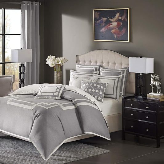 Madison Park Signature Cozy Comforter Set - All Season Bedding Combo Filled Insert and Removable Duvet Cover, Shams, Decorative Pillows, Queen (92 in x 96 in), Elegance Grey 9 Piece
