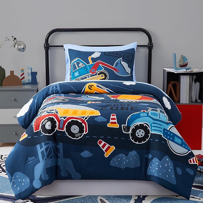 Twin Kids Comforter Set - 5 Pieces Twin Bedding Sets for Boys Teen, Glow in The Dark Truck Tractor Excavator Bed in A Bag with Sheets