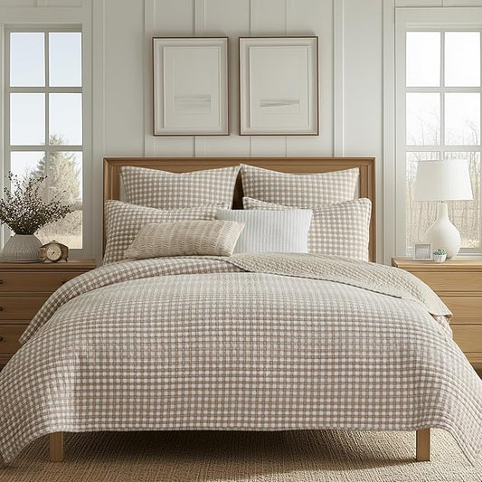Levtex Home - Camden Gingham Stitch Taupe Quilt Set - King Quilt (106x92in) and 2 King Shams (20x36in) - Textured Gingham - Taupe and Cream - Reversible - Cotton | Textured
