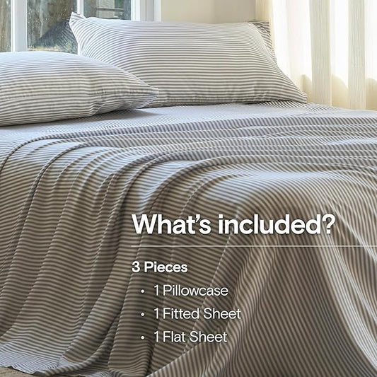 DOZ Sheet Set, 100% Viscose derived from Bamboo, Organically Grown, Buttery Soft, Cooling Sheets, High GSM, Deep Pockets - 3 Piece - 1 Pillowcase 1 Fitted Sheet 1 Top Sheet (Stripe, Twin)