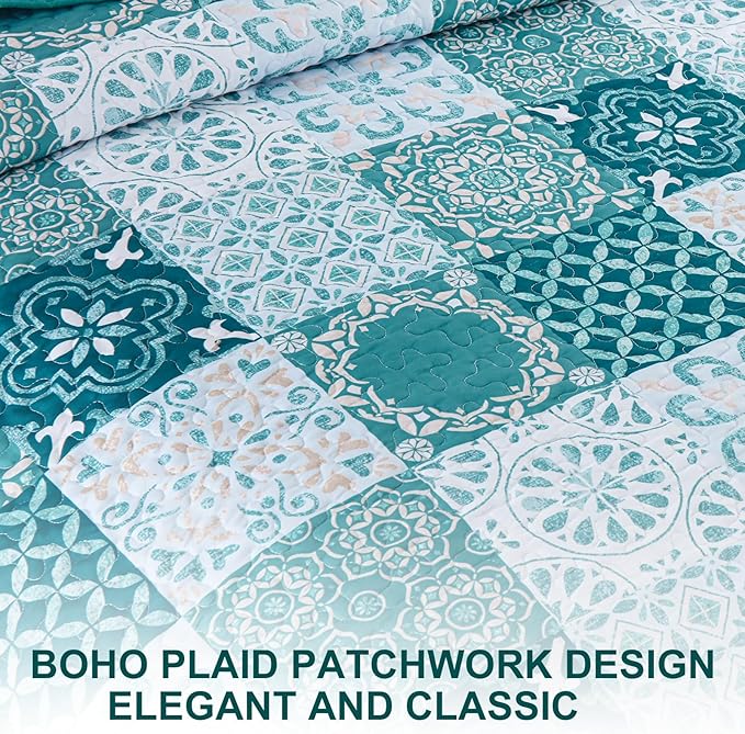 Dobuyly Teal Quilt Set Queen Size, Boho Turquoise Plaid Patchwork Bedspreads Coverlet Set, 3 Pieces Soft Lightweight Microfiber Bohemian Quilt Bedding Set for All Seasons 96"x90"