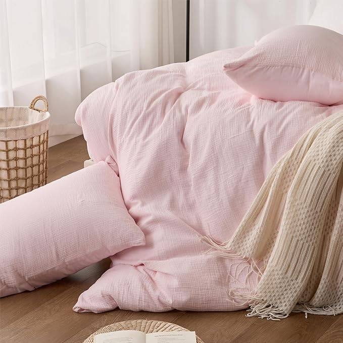 RRENEWROOTS Pink Twin Duvet Cover, 100% Sandwashed Cotton Soft Twin Size Duvet Cover Set 3 Pieces with Zipper Clousre & Corner Buttons (Pink, Twin 69 x 90)