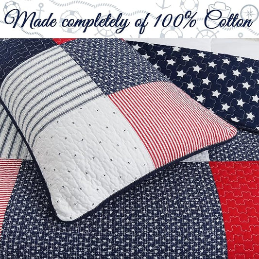 Cozy Line Home Fashions 100% Cotton Sailor Navy Blue Star Striped Print Cotton Reversible Bedding Quilt Set (Patriotic Patchwork, Queen)