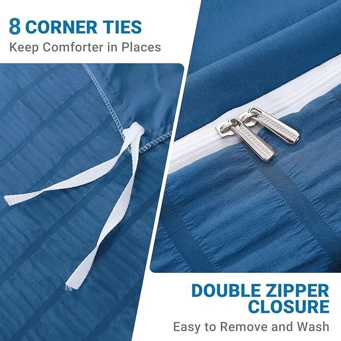 HYMOKEGE Teal Duvet Cover King Size, Ultra Soft 3-Piece Seersucker Duvet Cover Set with Zipper Closure, Soft Brushed Microfiber Bedding Set with 8 Corner Ties (104"x90", 2 Pillowshams)