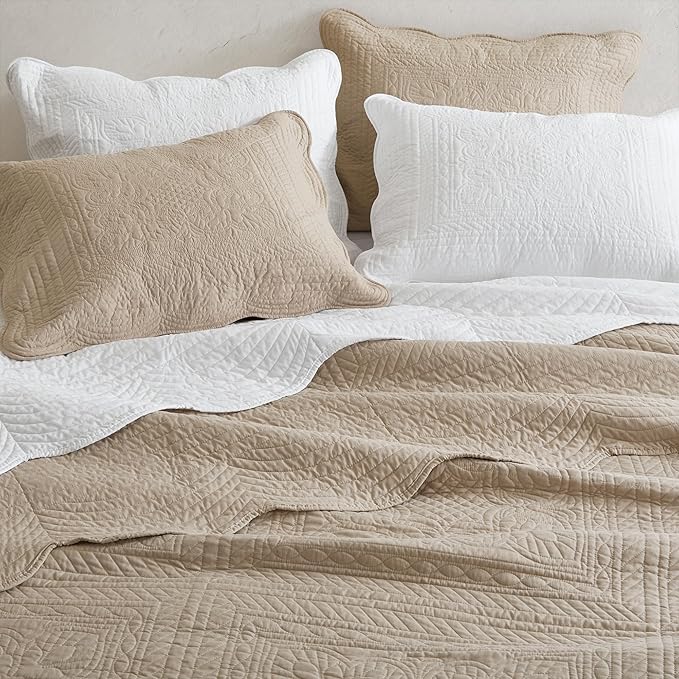 Madison Park King Quilt Set - Damask Coverlet Set for King Size Bed, Cottage Oversized Quilt Set, Scallop Edge, All Season, Pre-washed Cotton-Filled Quilt, Tuscany, Khaki 3 Piece