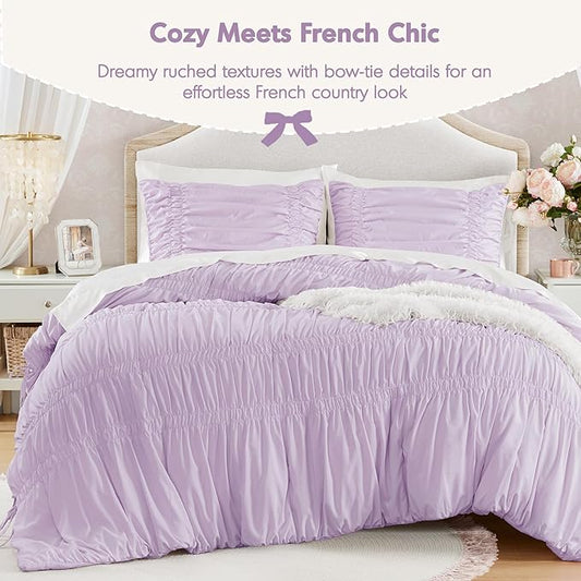 Intelligent Design Queen Comforter Set Ruched Shabby Chic Comforters for Queen Size Bed, All Season Lightweight Purple Ruffle French Country Bedding Set, Shams, Ella, Full/Queen, Lavender 3 Piece