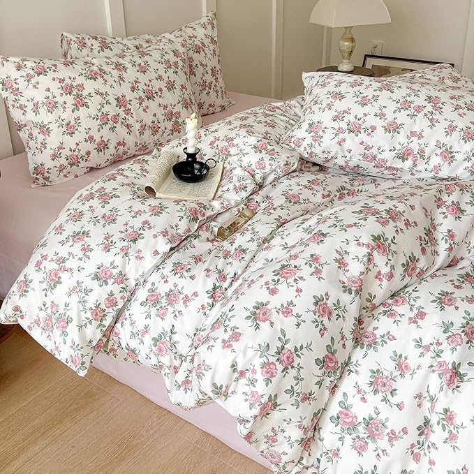 HighBuy Full Size Comforter Set Girl Pink Floral Printed Bedding Comforter Set Bed Cooling Bedding Comforter Sets Cute Floral Comfy Comforter with 2 Pillowcases Full Size,Skin Friendly