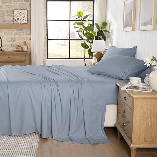 Blue Grey King Size Sheet Set, Pre-washed Microfiber Cotton-Like 4 Pcs Ultra Soft Bedding Set King, Breathable Cooling Skin-Friendly All Seasons, 1 Fitted, 1 Flat, 2 Pillowcases (Blue Grey, King)