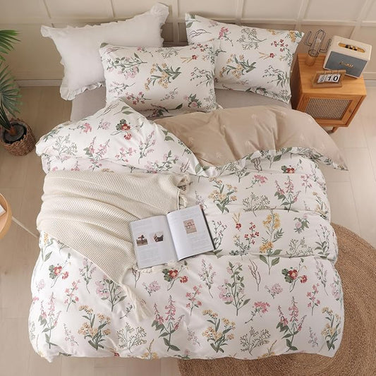 OAITE Duvet Cover Queen Size - 100% Cotton Comforter Cover Floral Duvet Cover Sets 3-PC, Breathable Duvet Cover with Zipper Closure & Corner Ties