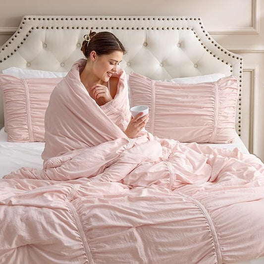 Bedsure Ruched Comforter Set with Bow Trim Pink, GentleSoft™ 3 Pieces Bow Shabby Chic Bedding Pink Room Decor, Queen Boho Bedding for Girls Teens Women, 1 Bed Comforter, 2 Pillow Shams, 90x90 Inches