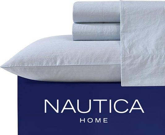 Nautica - Twin Sheet Set, Cotton Percale Bedding Set, Crisp & Cool, Lightweight & Breathable (Penny Pinstripe Blue, Twin)