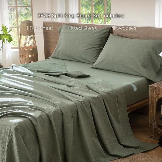 MooMee Bedding Sheet Set 100% Washed Cotton Linen Like Textured Breathable Durable Soft Comfy (Heathered Green, Twin)