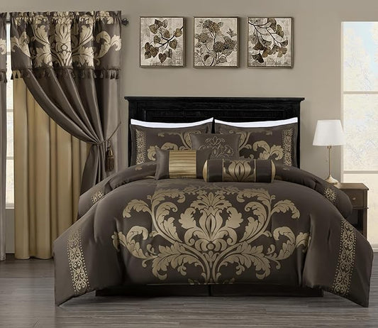 Chezmoi Collection 7-Piece Jacquard Floral Comforter Set (King, Coffee/Gold)