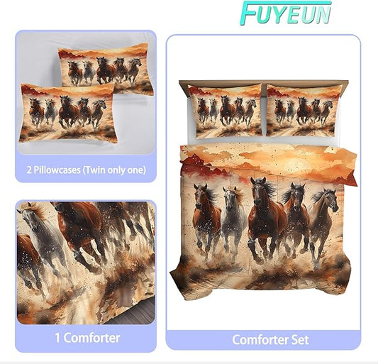 Galloping Horse Comforter Set King: Horse Bedding for Women Girls Boys Teens Bedroom Bed Dorm Western Quilt 1 Comforter + 2 Pillow Cases