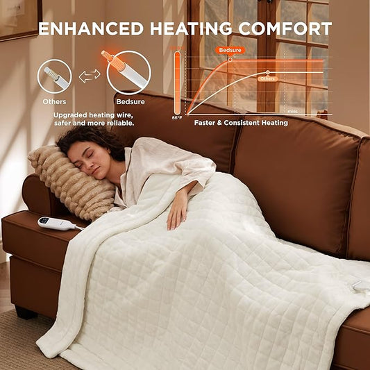 Bedsure Heated Blanket Throw Blanket - Quilted Electric Blanket, Soft Flannel Thick Heating Blanket with 4 Time Settings & 6 Heating Settings, Warm Gifts for Women Men (50x60 inches, Ivory)