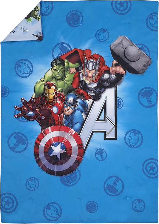Disney Marvel Avengers Fight The Foes Blue, Red, Green Hulk, Iron Man, Thor, Captain America 4 Piece Toddler Bed Set - Comforter, Fitted Bottom Sheet, Flat Top Sheet, and Reversible Pillowcase