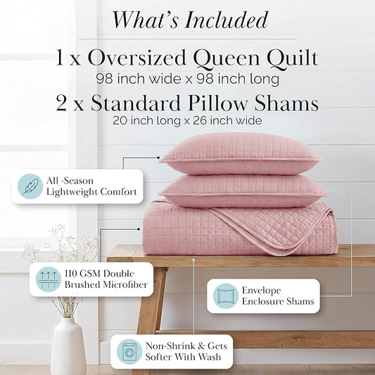 Southshore Fine Living, Inc. Stitched Pink Queen Quilt Bedding Set, Oversized Quilts Queen Size/Full, Pet Hair Resistant Bedding, Soft Cozy Bedspread, Full Size Coverlet, 2 Pillow Shams, Pastel Pink