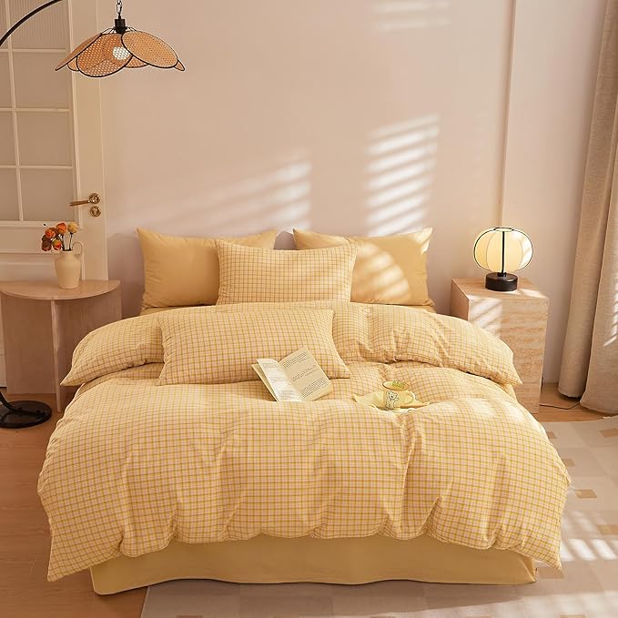 EAVD Yellow Plaid Comforter Set Queen Modern Gingham Comforter Set 3 Pieces Reversible Grid Plaid Bedding Set with 2 Pillowcases Farmhouse Gingham Bedding Set for All-Season