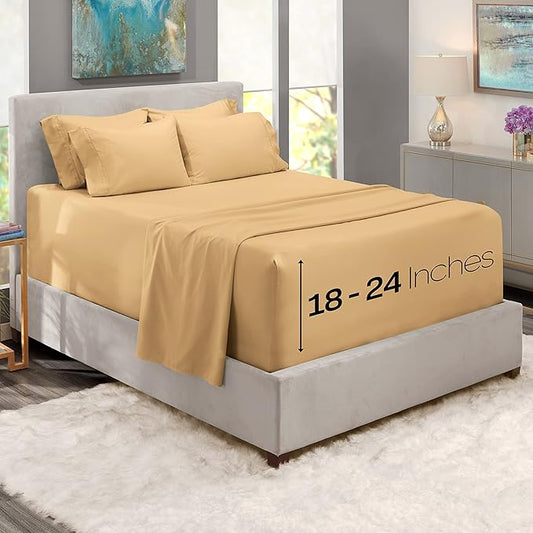 Hearth & Harbor Extra Deep Pocket Sheets - Fits Mattress 18-24 Inches Deep - Extra Deep Pocket California King Size - 6 Piece Cal King Sheets - Cal King, Camel